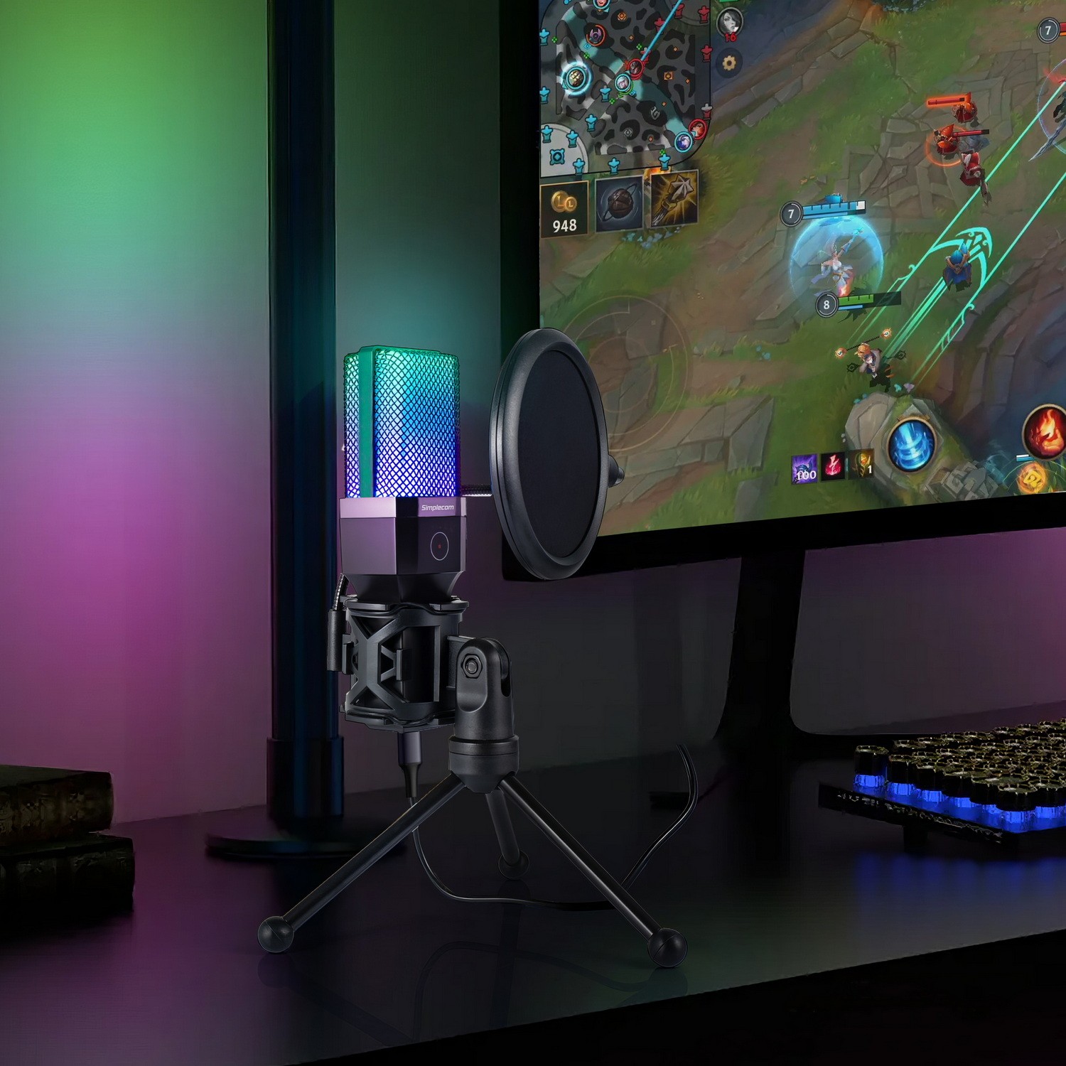 A large marketing image providing additional information about the product Simplecom UM650 USB Cardioid Condenser Microphone Gaming RGB Lights with Tripod & Pop Filter - Additional alt info not provided